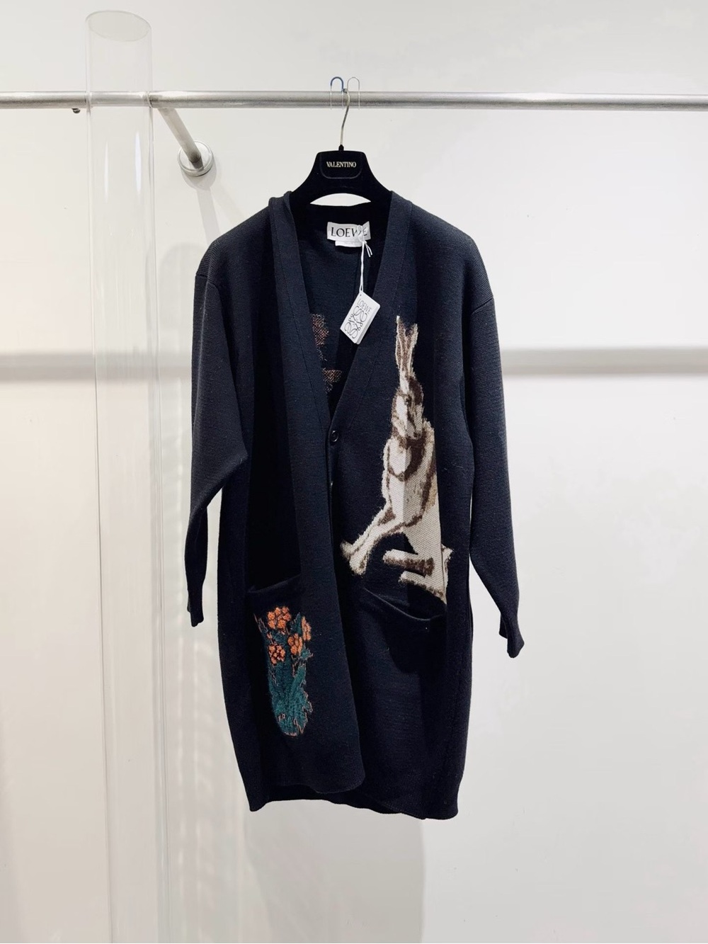 Loewe Black Long Cardigan with Rabbit and Floral Intarsia